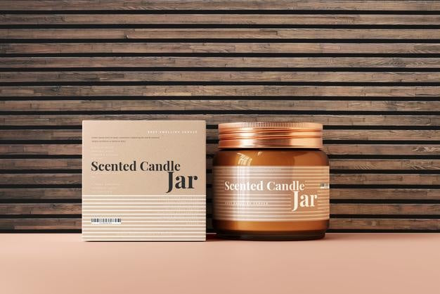 Amber Glass Candle Jar And Box Mockup Psd