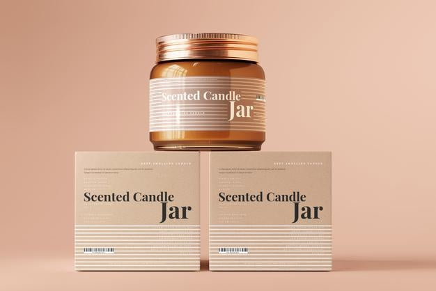 Amber Glass Candle Jar And Box Mockup Psd
