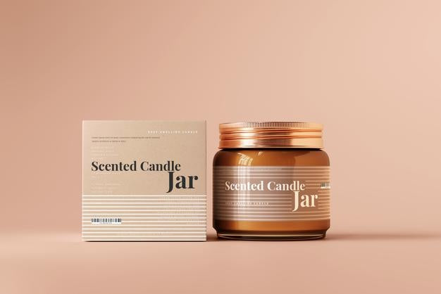 Amber Glass Candle Jar And Box Mockup Psd
