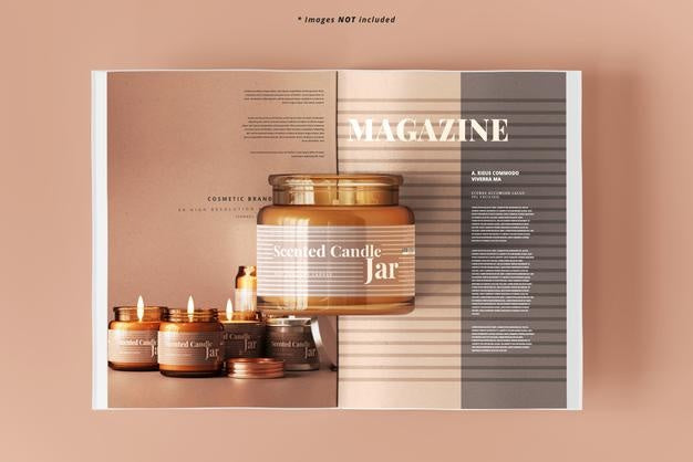 Amber Glass Candle Jar With Magazine Mockup Psd