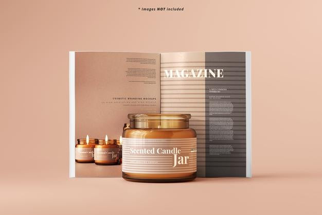 Amber Glass Candle Jar With Magazine Mockup Psd