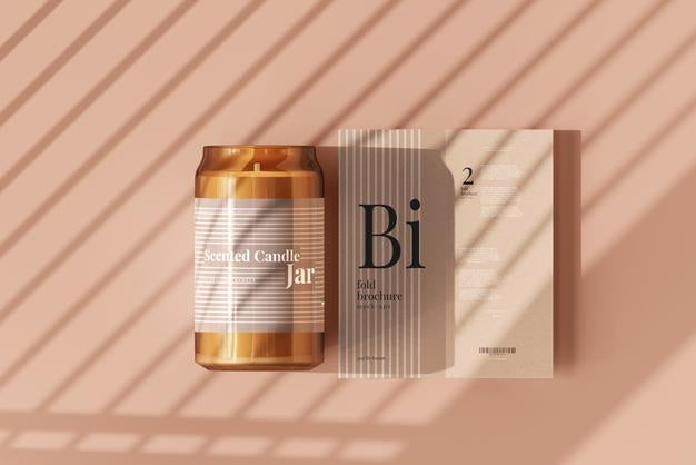 Amber Glass Candle With Brochure Mockup Psd