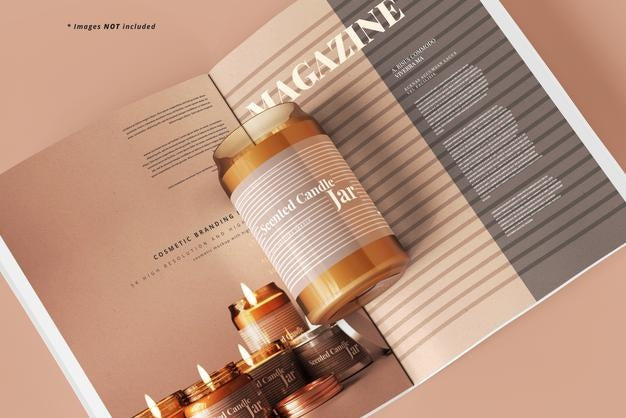 Amber Glass Candle With Magazine Mockup Psd