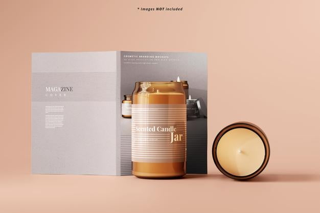 Amber Glass Candle With Magazine Mockup Psd