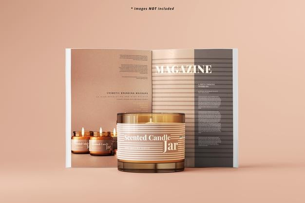 Amber Glass Candle With Magazine Mockup Psd
