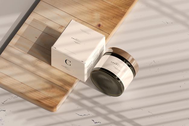 Amber Glass Cosmetic Jar And Box Mockup Psd