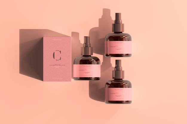 Amber Glass Cosmetic Spray Bottle And Box Mockup Psd
