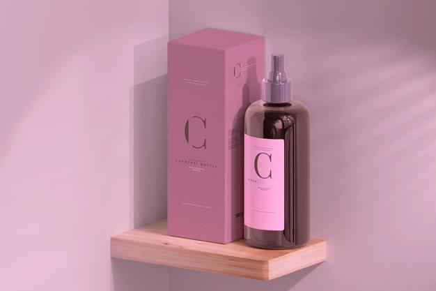 Amber Glass Cosmetic Spray Bottle And Box Mockup Psd