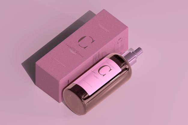 Amber Glass Cosmetic Spray Bottle And Box Mockup Psd