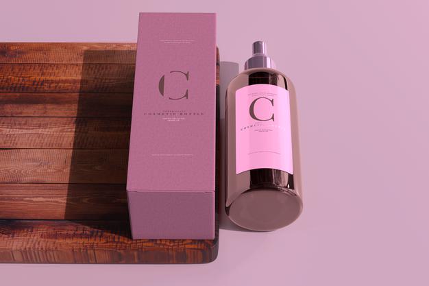 Amber Glass Cosmetic Spray Bottle And Box Mockup Psd
