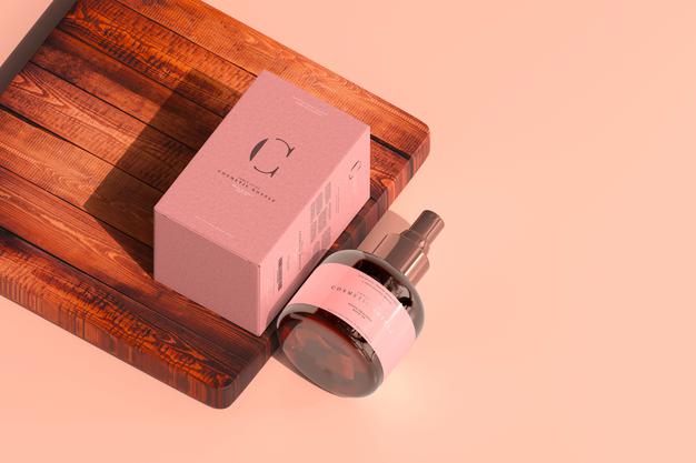 Amber Glass Cosmetic Spray Bottle And Box Mockup Psd