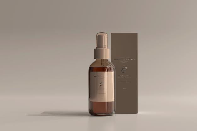 Amber Glass Cosmetic Spray Bottle With Box Mockup Psd
