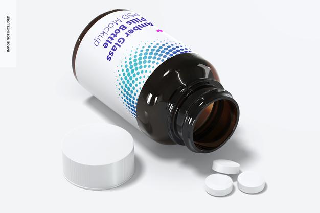 Amber Glass Pills Bottle Mockup, Perspective Psd