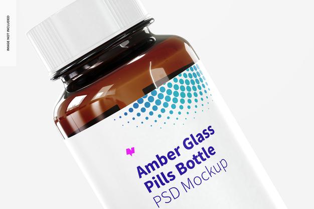 Amber Glass Pills Bottle Mockup, Right View Psd
