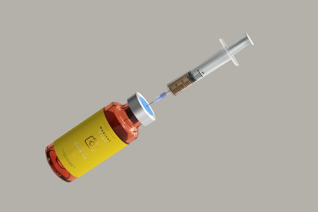 Amber Glass Vial Mockup With Syringe Psd