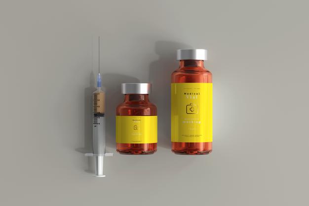 Amber Glass Vial Mockup With Syringe Psd