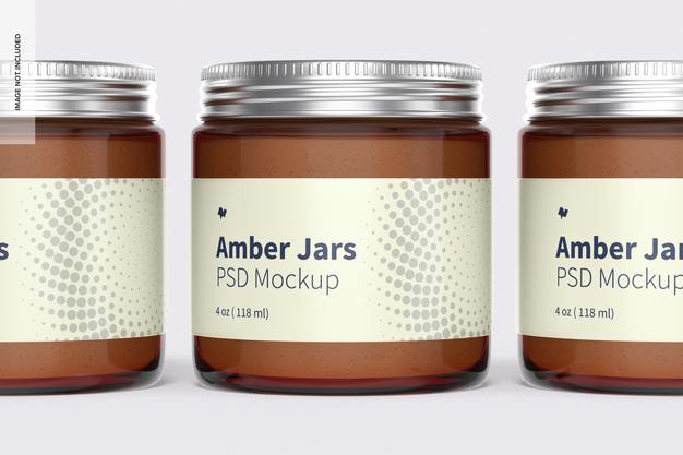 Amber Jars With Metallic Cap Mockup, Close Up Psd