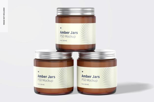 Amber Jars With Metallic Cap Mockup, Front View Psd