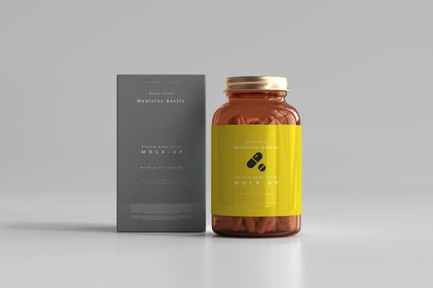 Amber Medicine Bottle And Box Mockup Psd