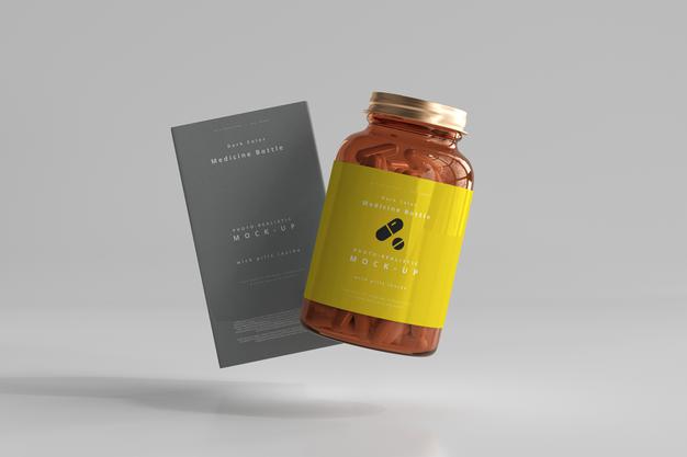 Amber Medicine Bottle And Box Mockup Psd