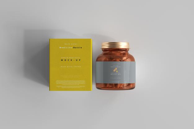 Amber Medicine Bottle And Box Mockup Psd