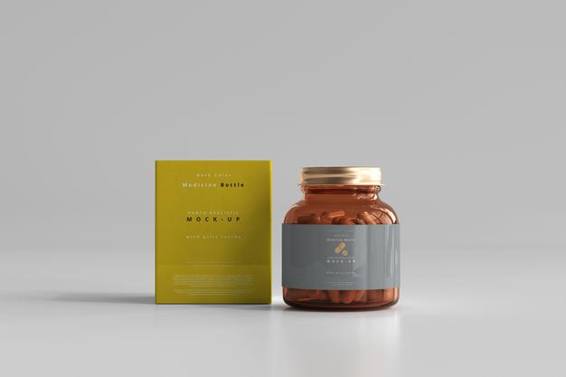 Amber Medicine Bottle And Box Mockup Psd