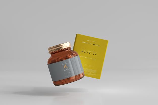 Amber Medicine Bottle And Box Mockup Psd