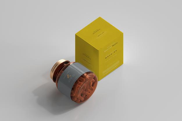 Amber Medicine Bottle And Box Mockup Psd