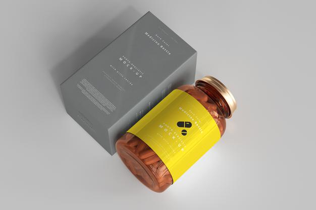 Amber Medicine Bottle And Box Mockup Psd