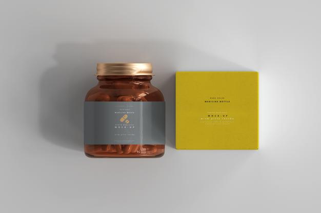Amber Medicine Bottle And Box Mockup Psd