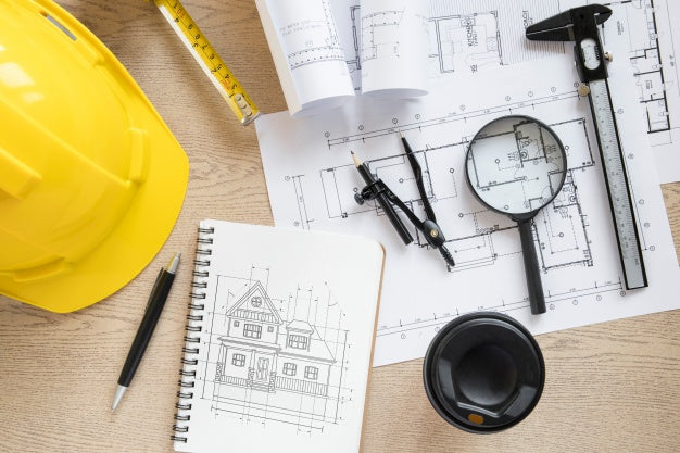 Architecture Composition With Notepad Mockup And Helmet Psd