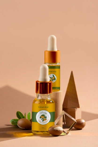 Argan Oil Cosmetic Bottle Mock-Up With Kernels And Dropper Psd