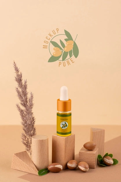 Argan Oil Cosmetic Bottle Mock-Up With Wooden-Shaped Podium And Kernels Psd