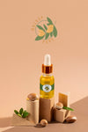 Argan Oil Cosmetic Bottle Mock-Up With Wooden-Shaped Podium And Kernels Psd