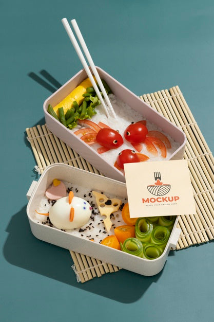 Arrangement Of Bento Box With Mock-Up Card Psd