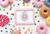 Arrangement Of Colorful Donuts And Sweets With Frame Mock-Up Psd