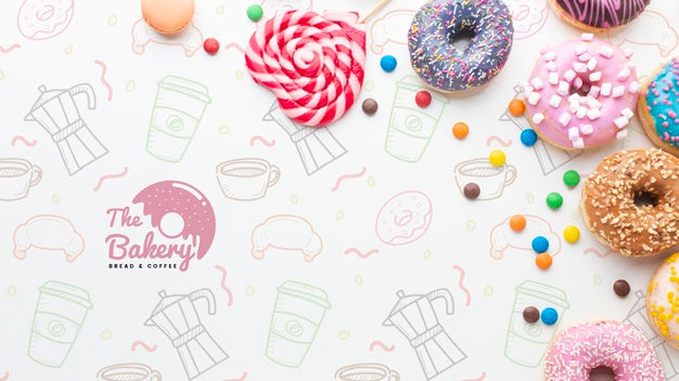 Arrangement Of Colorful Donuts And Sweets With Mock-Up Psd