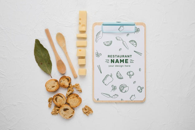 Arrangement Of Delicious Foods With Clipboard Mock-Up Psd