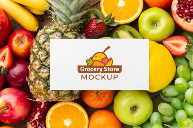 Arrangement Of Delicious Vegetables And Fruits With Mock-Up Card Psd