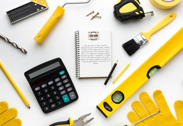 Arrangement Of Different Repairing Tools With Notepad Mock-Up Psd