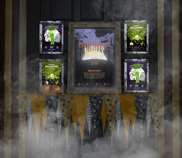 Arrangement Of Halloween Mock-Ups On A Creepy Wall Psd
