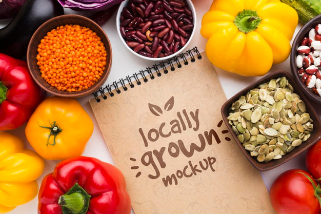 Arrangement Of Locally Grown Veggies Mock-Up And Notepad Psd