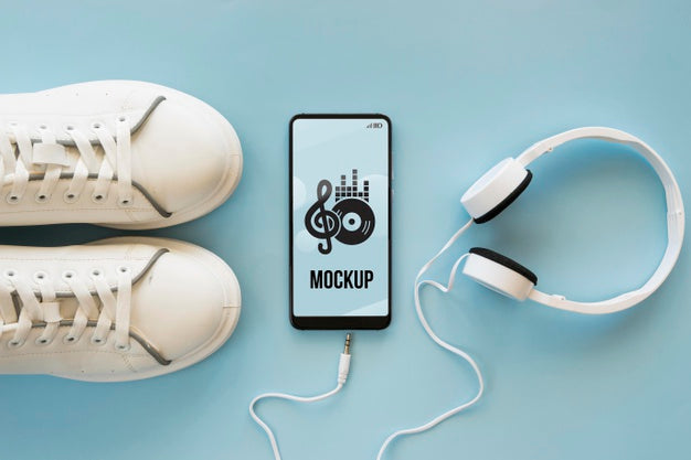 Arrangement Of Music Elements On Blue Background With Phone Mock-Up Psd