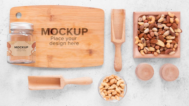 Arrangement Of Nuts With Wooden Board Mock-Up Psd