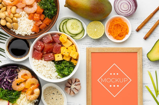 Arrangement Of Poke Bowls With Mock-Up Frame Psd