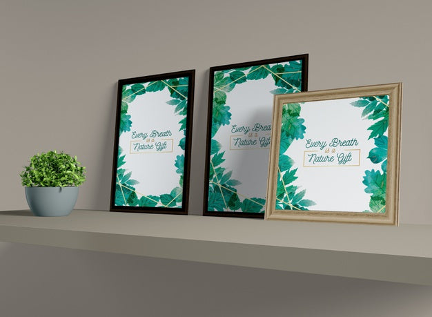 Arrangement Of Small Frames On Shelf Psd