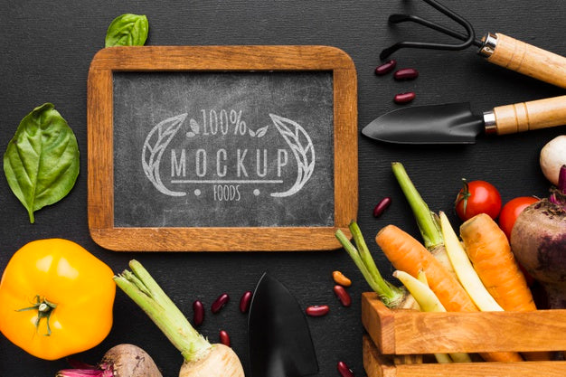Arrangement Of Tools And Locally Grown Veggies Mock-Up Psd