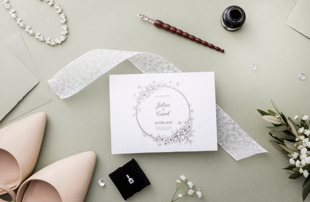 Arrangement Of Wedding Elements With Card Mock-Up Psd