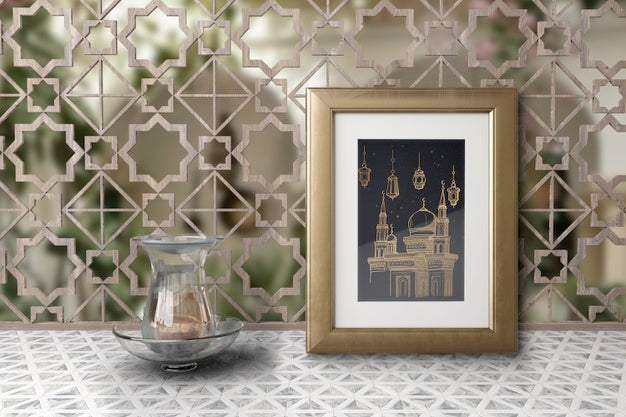 Arrangement With Mosque Picture In A Frame Psd