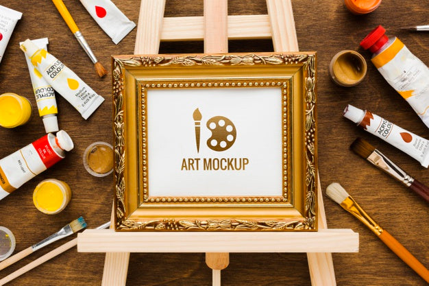 Artist Desk Concept With  Golden Frame Psd